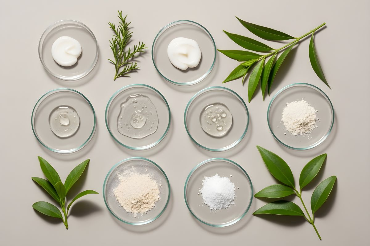 lab dishes with cosmetics